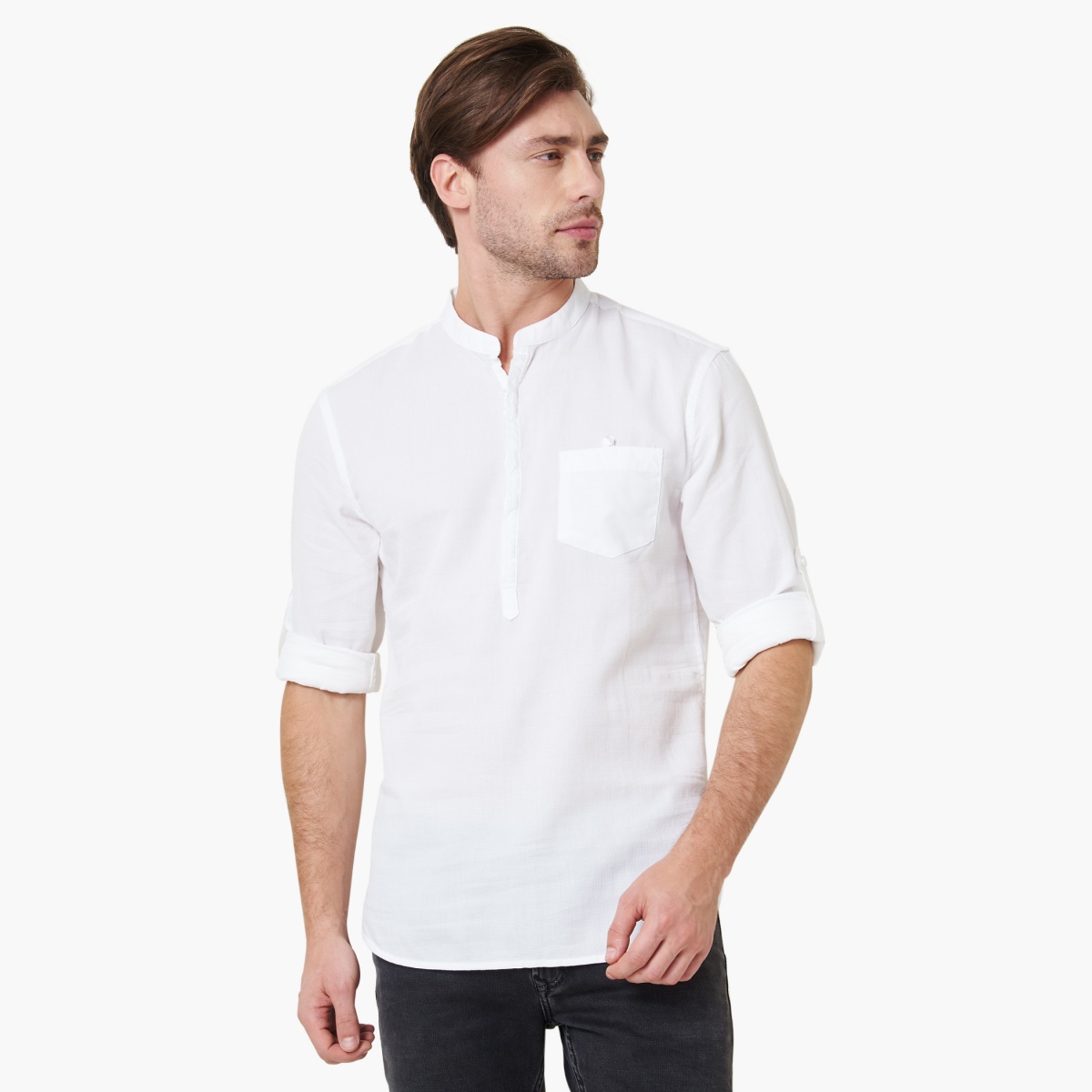 CELIO Regular Fit Solid Linen Mandarin Collar Shirt