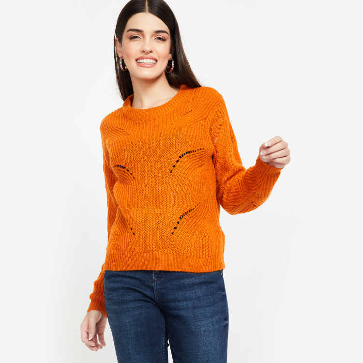 

ONLY Solid Tuck-Knit Full Sleeves Sweater, Orange