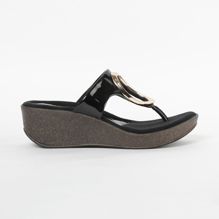 

CATWALK Textured T-strap Platform With Wedge Heels, Black