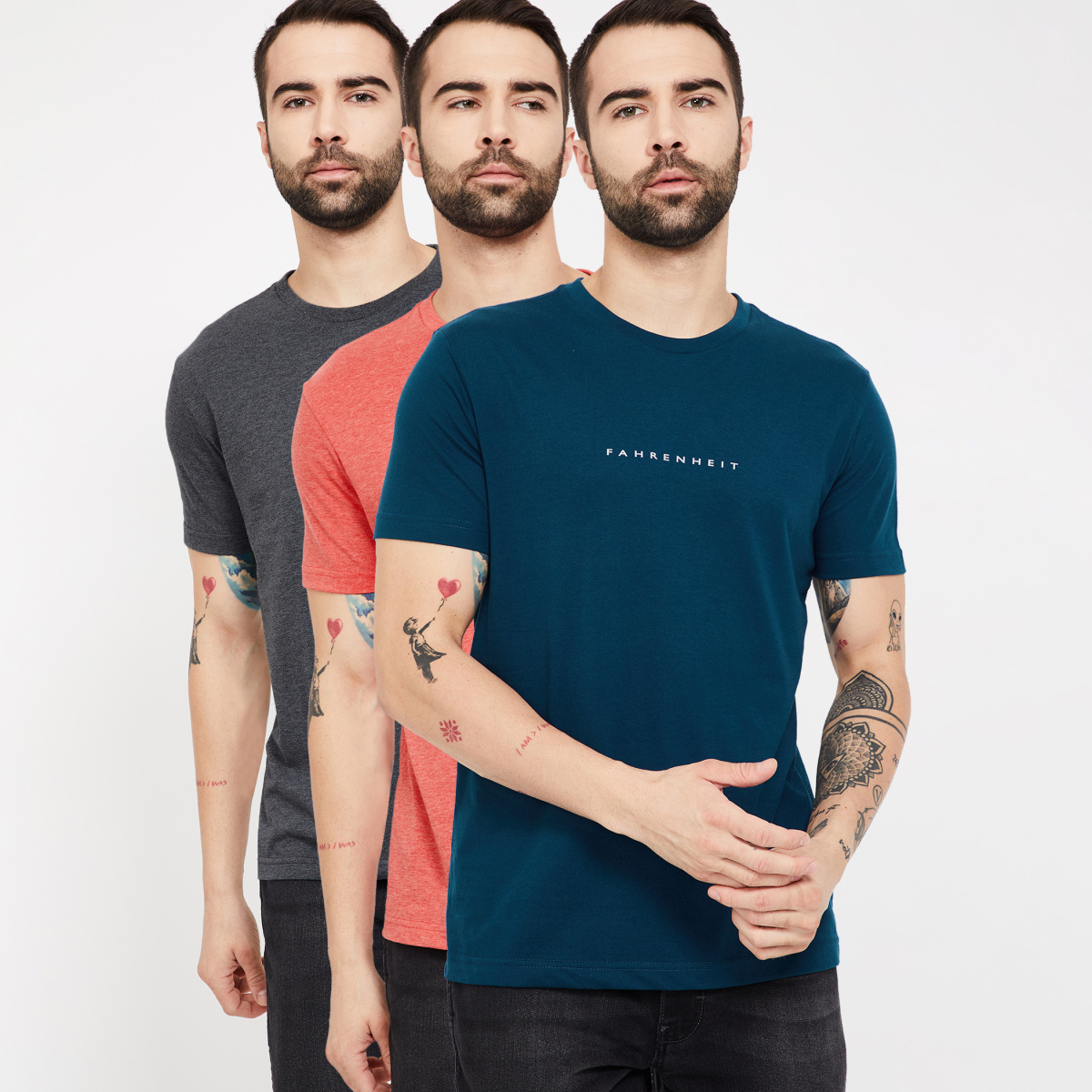 FAHRENHEIT Printed Slim Fit Crew Neck T-shirt - Pack of 3