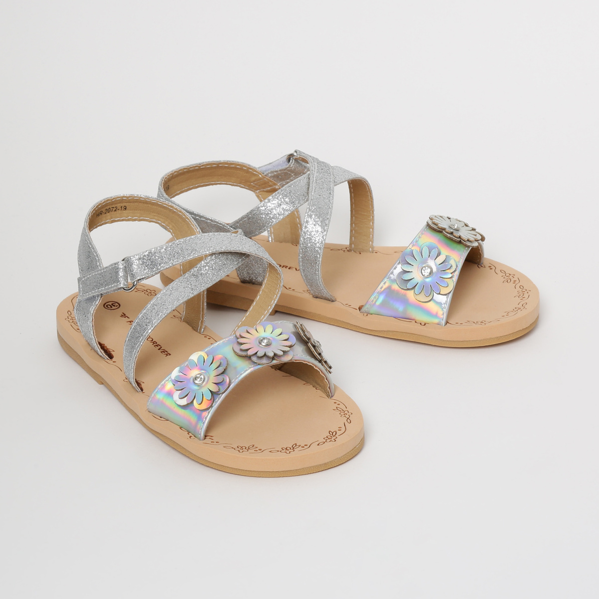 FAME FOREVER Shimmery Flat Sandals with Floral Applique