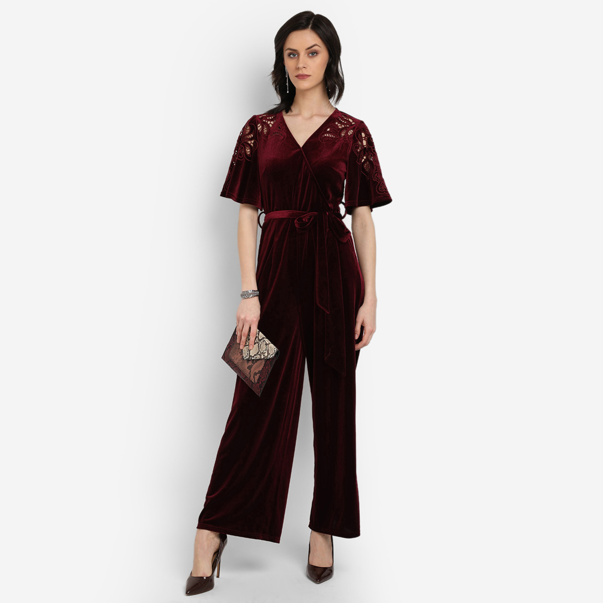 COVER STORY Women Surplice Neck Jumpsuit with Crochet Sleeves