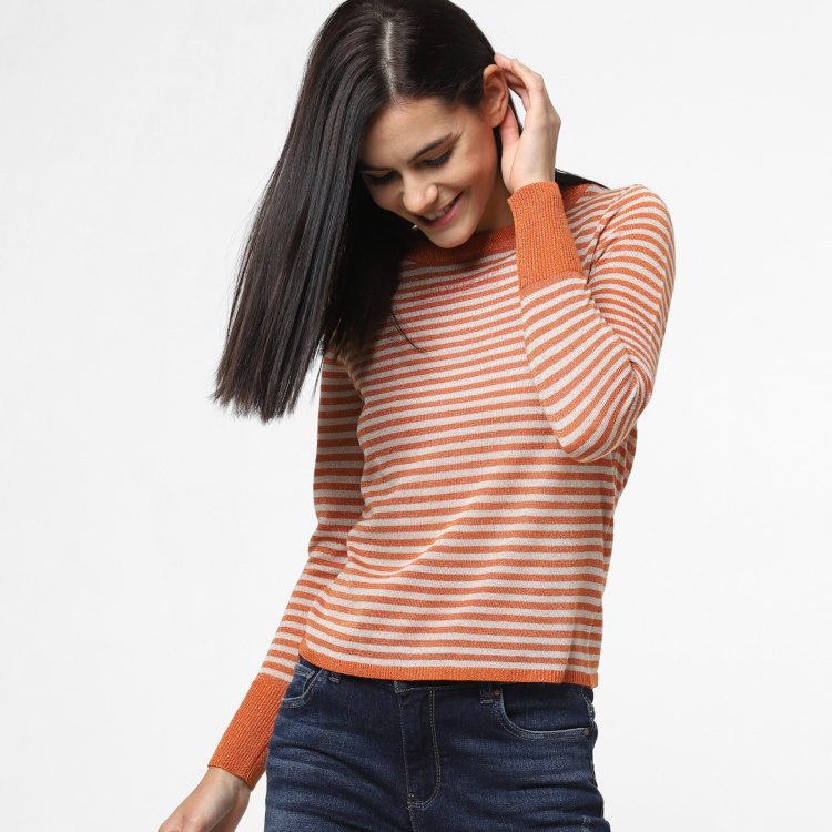 

ONLY Striped Round Neck Sweater, Orange