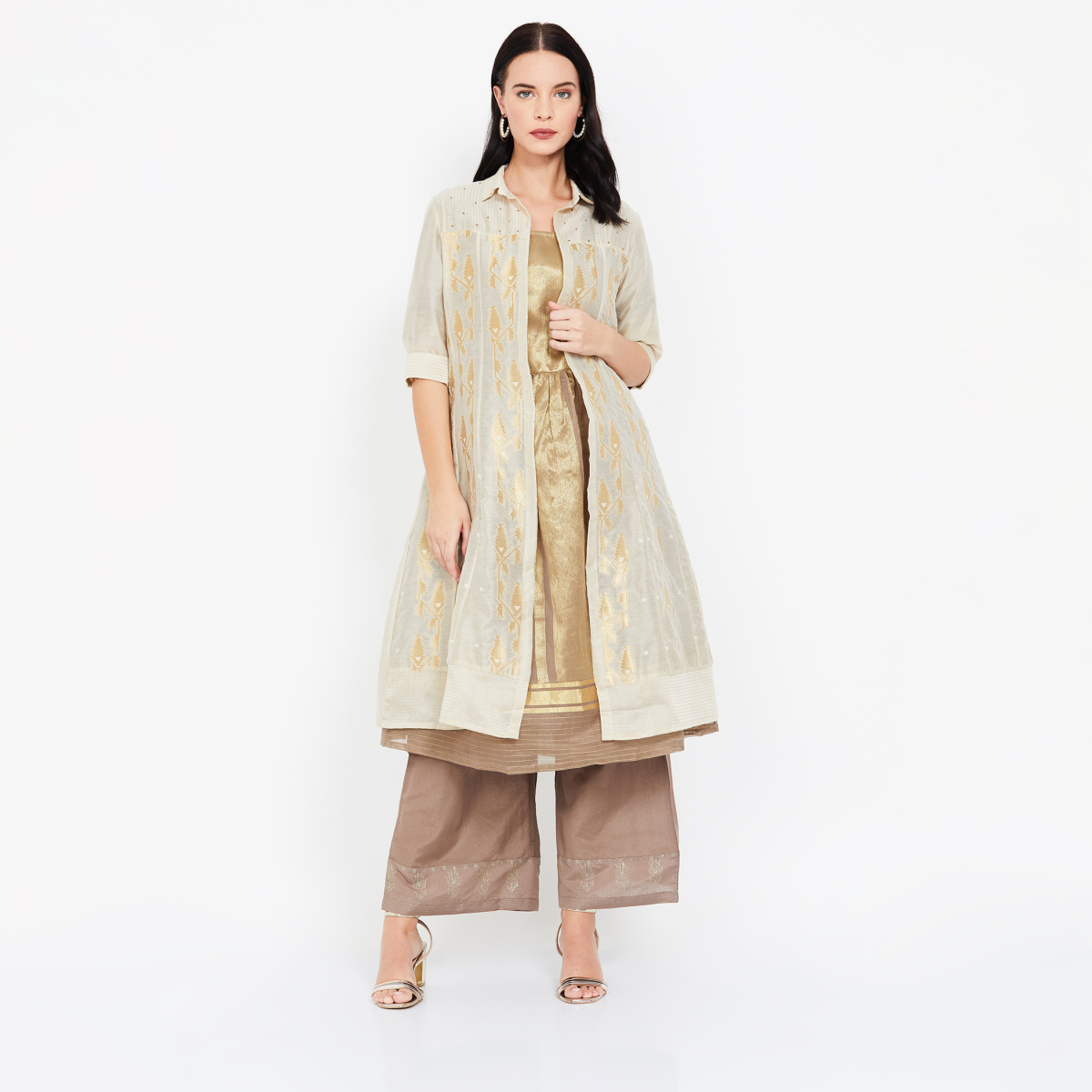 

W Foil Print Flared Kurta with Palazzos and Jacket, Gold