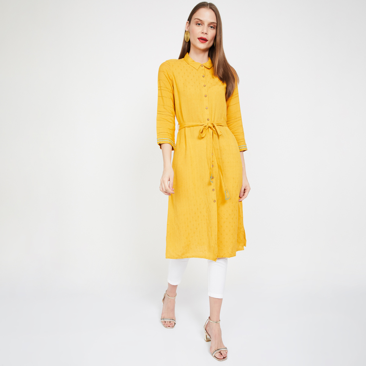 

GLOBAL DESI Embroidered Collared Straight Tunic with Tie-Up, Yellow