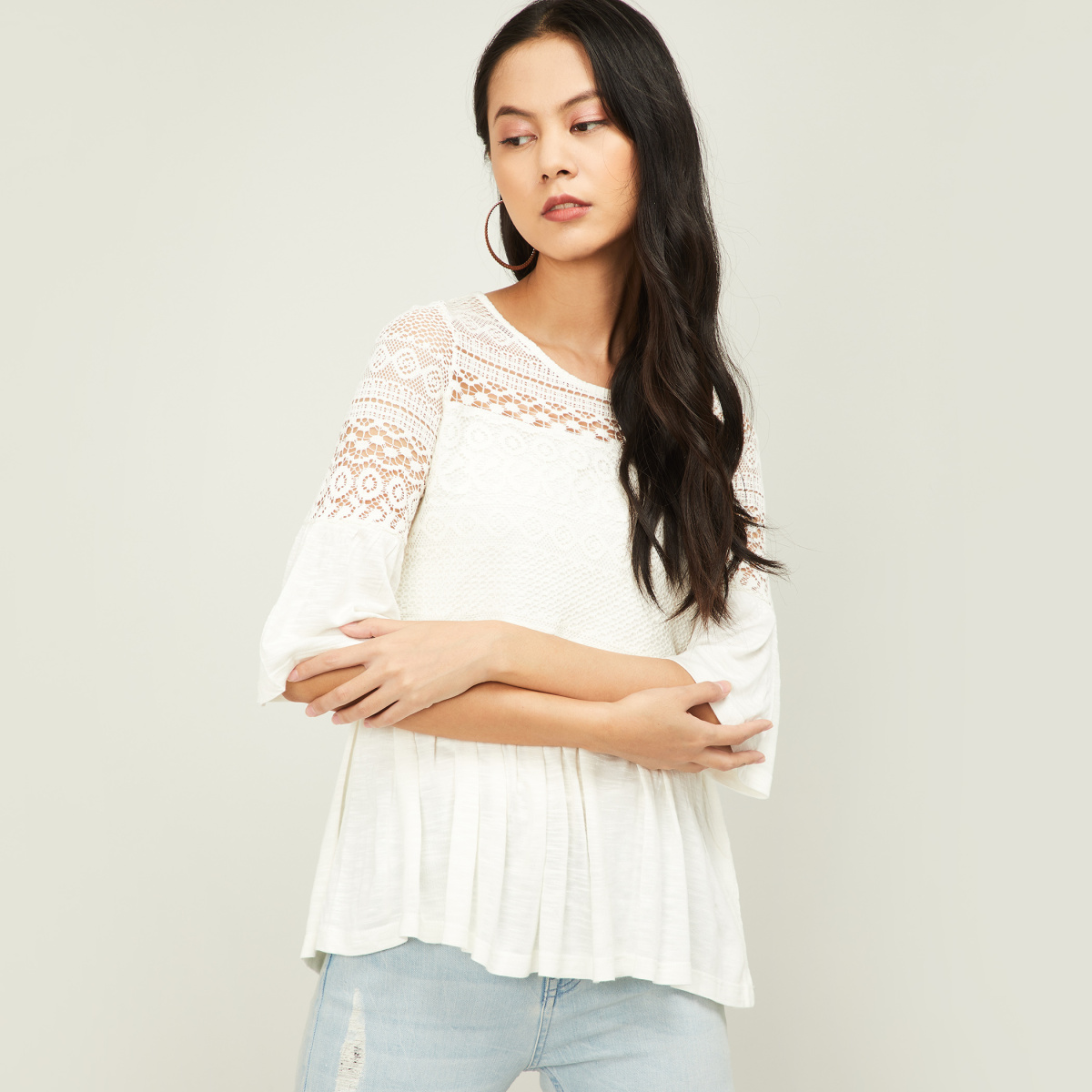 FAME FOREVER Women Lace Top with Bell Sleeves