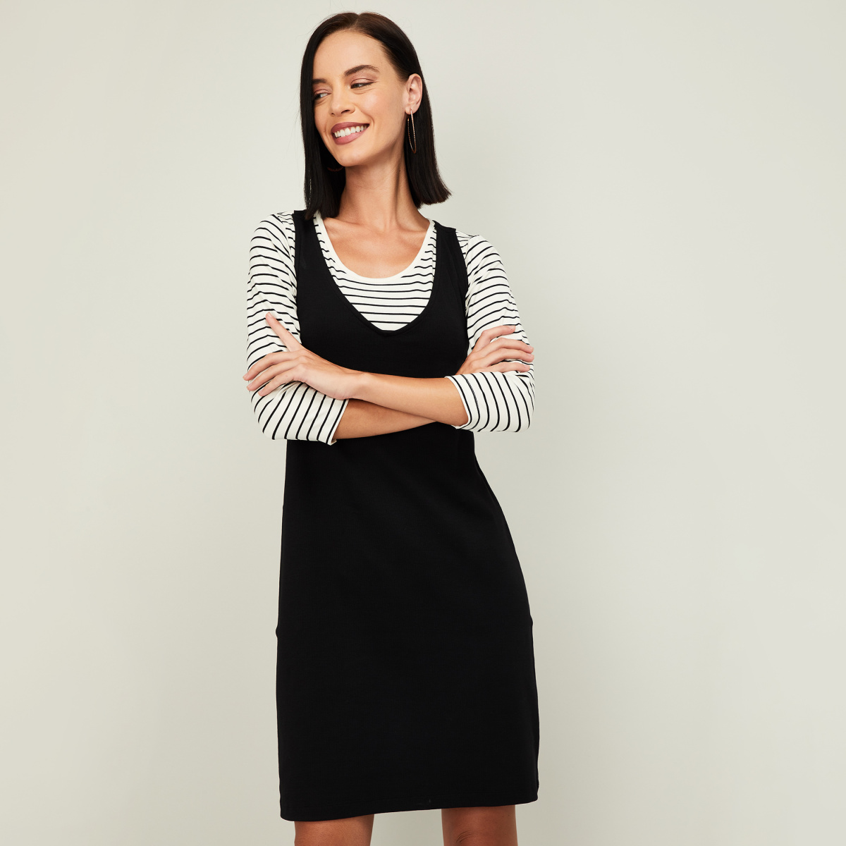 BOSSINI Women Textured Pinafore Dress with Striped T-shirt