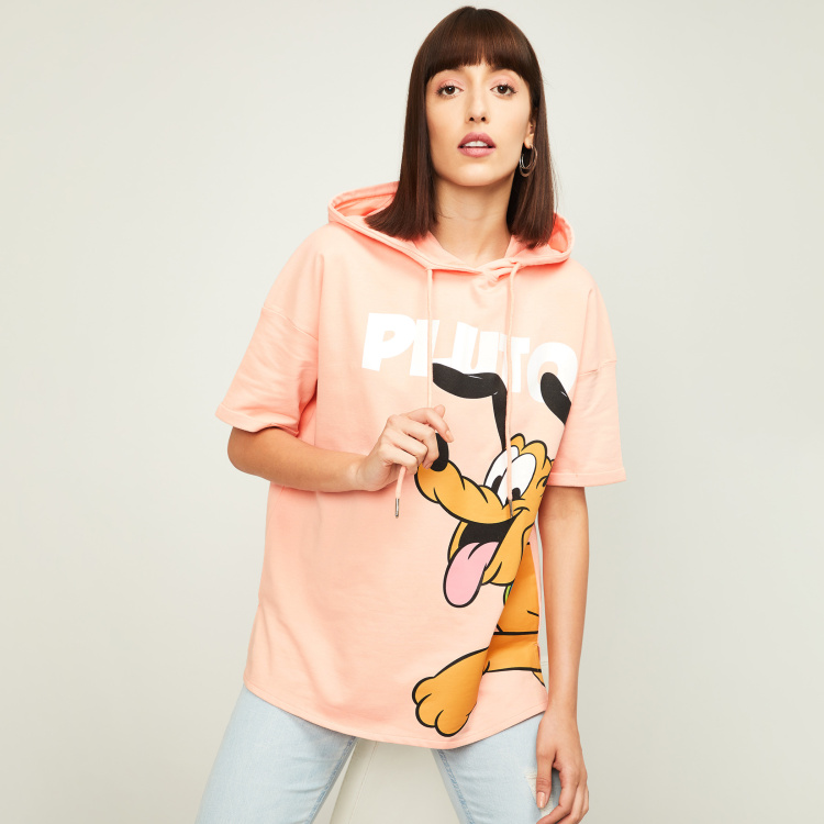 

GINGER Women Printed Hooded Boxy T-Shirt, Peach
