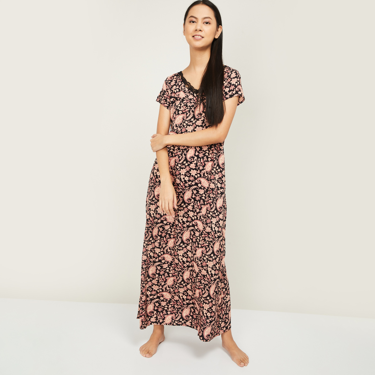 GINGER Women Printed Short Sleeves Gown