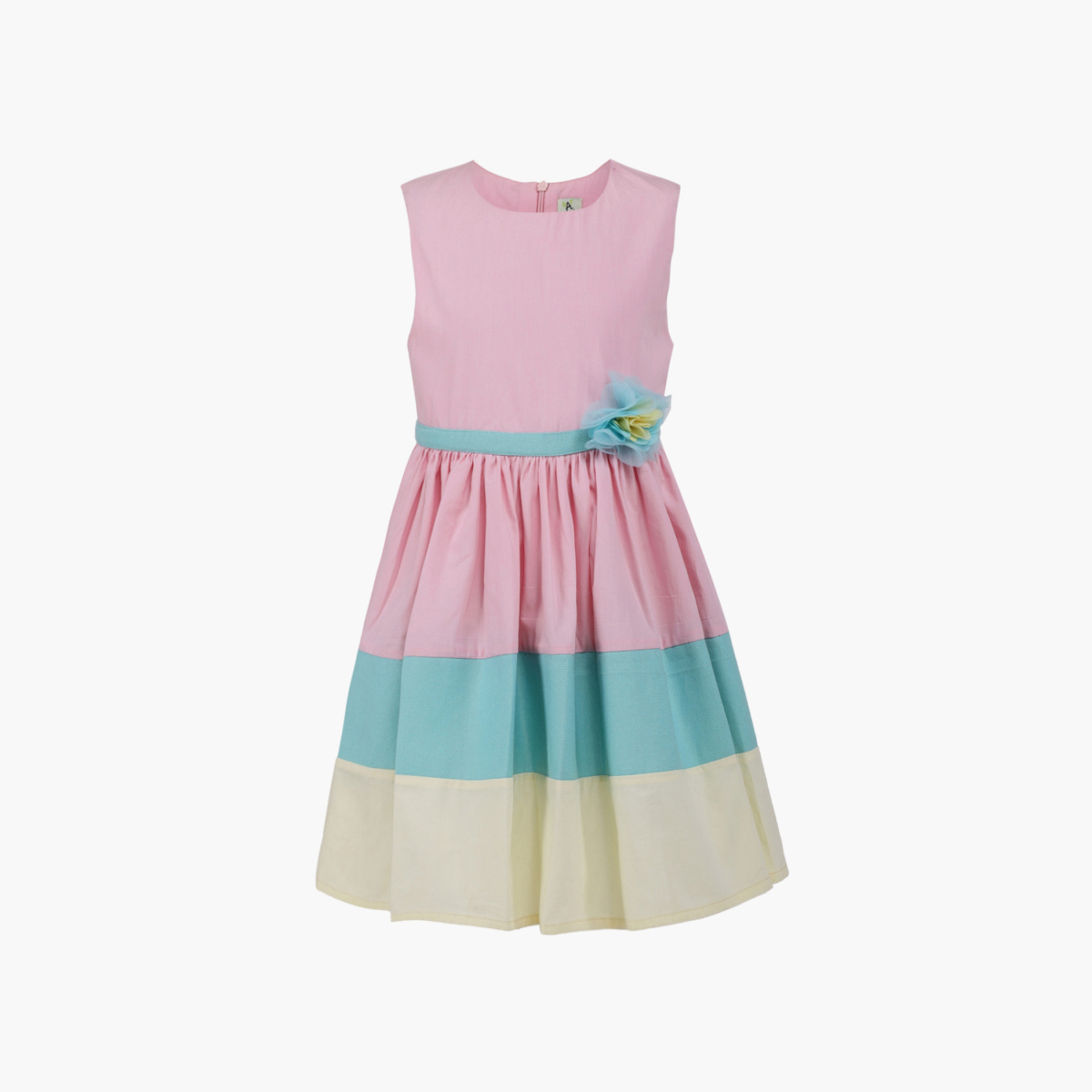 A LITTLE FABLE Girls Colourblock Fit and Flare Dress with Rosette