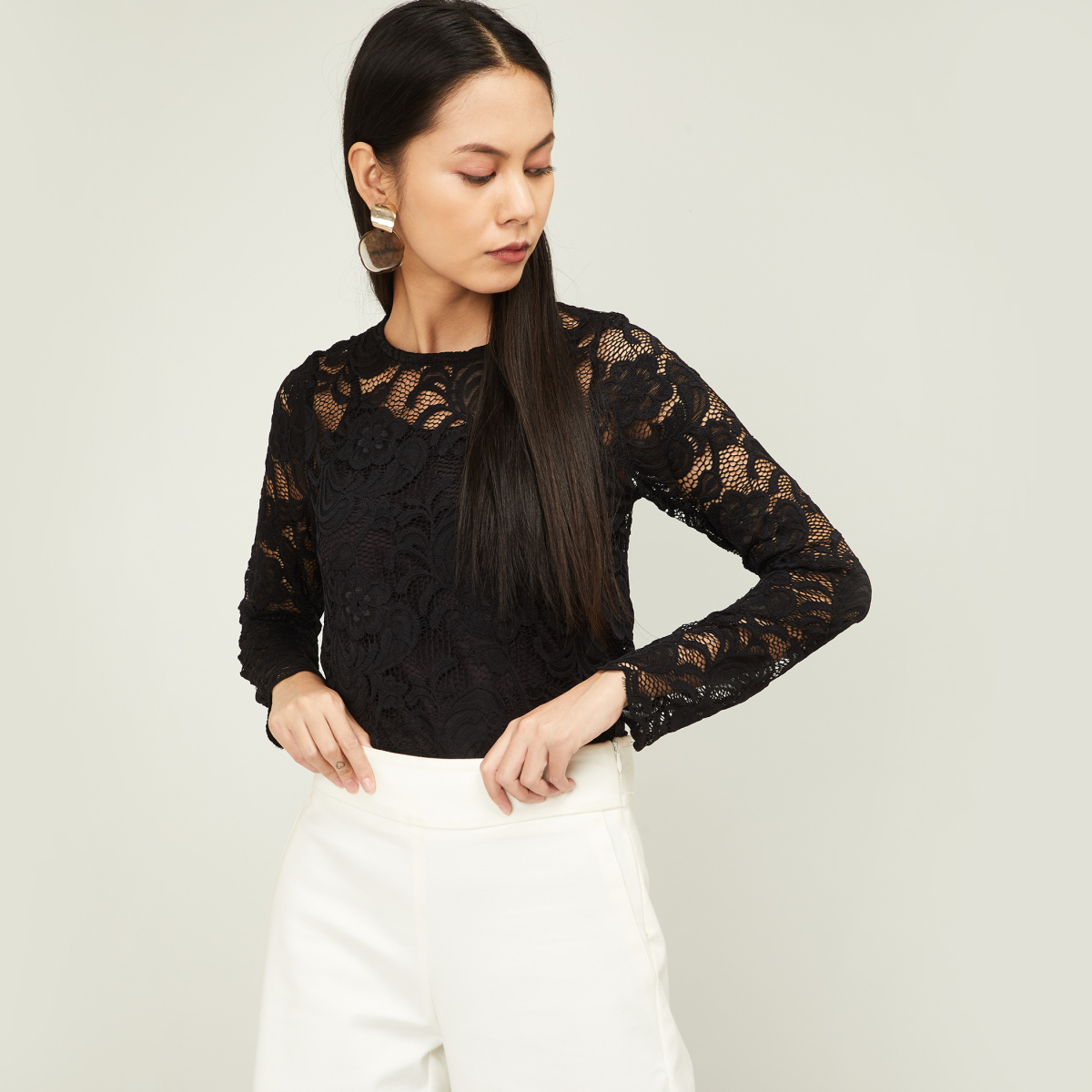 

AND Women Textured Lace Top, Black
