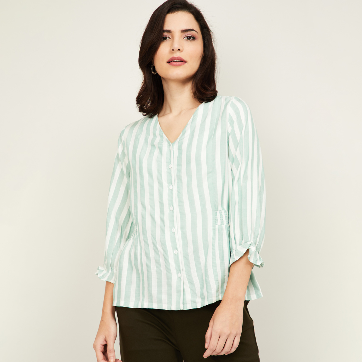AND Women Striped V-neck Top