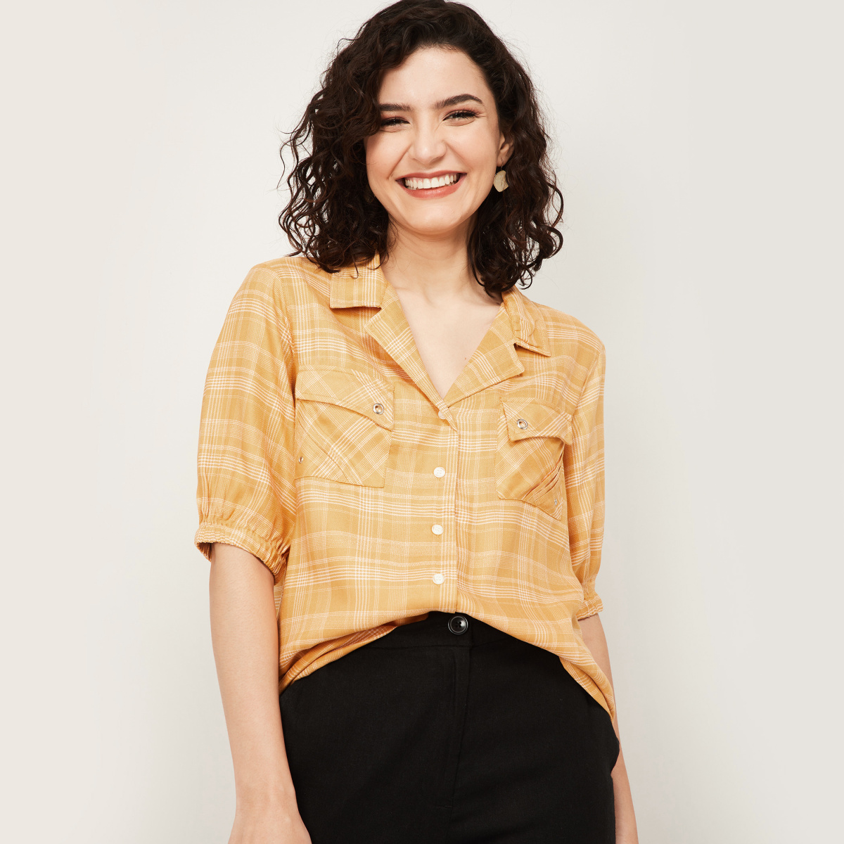 LATIN QUARTERS Women Checked Short Sleeves Top