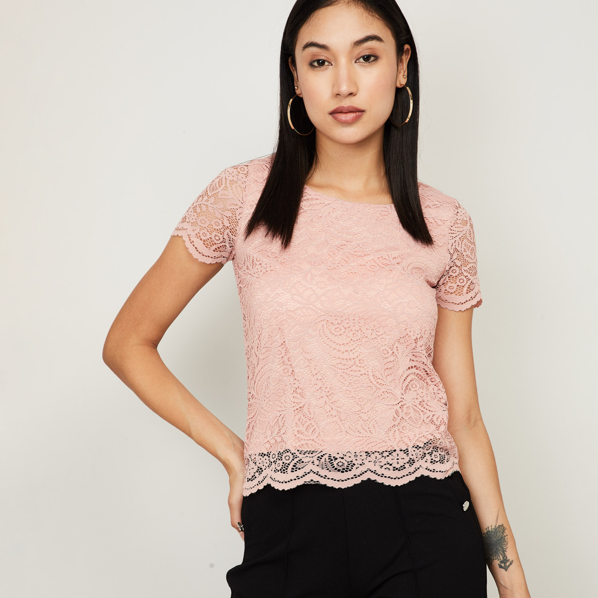 CODE Women Lace Short Sleeves Top