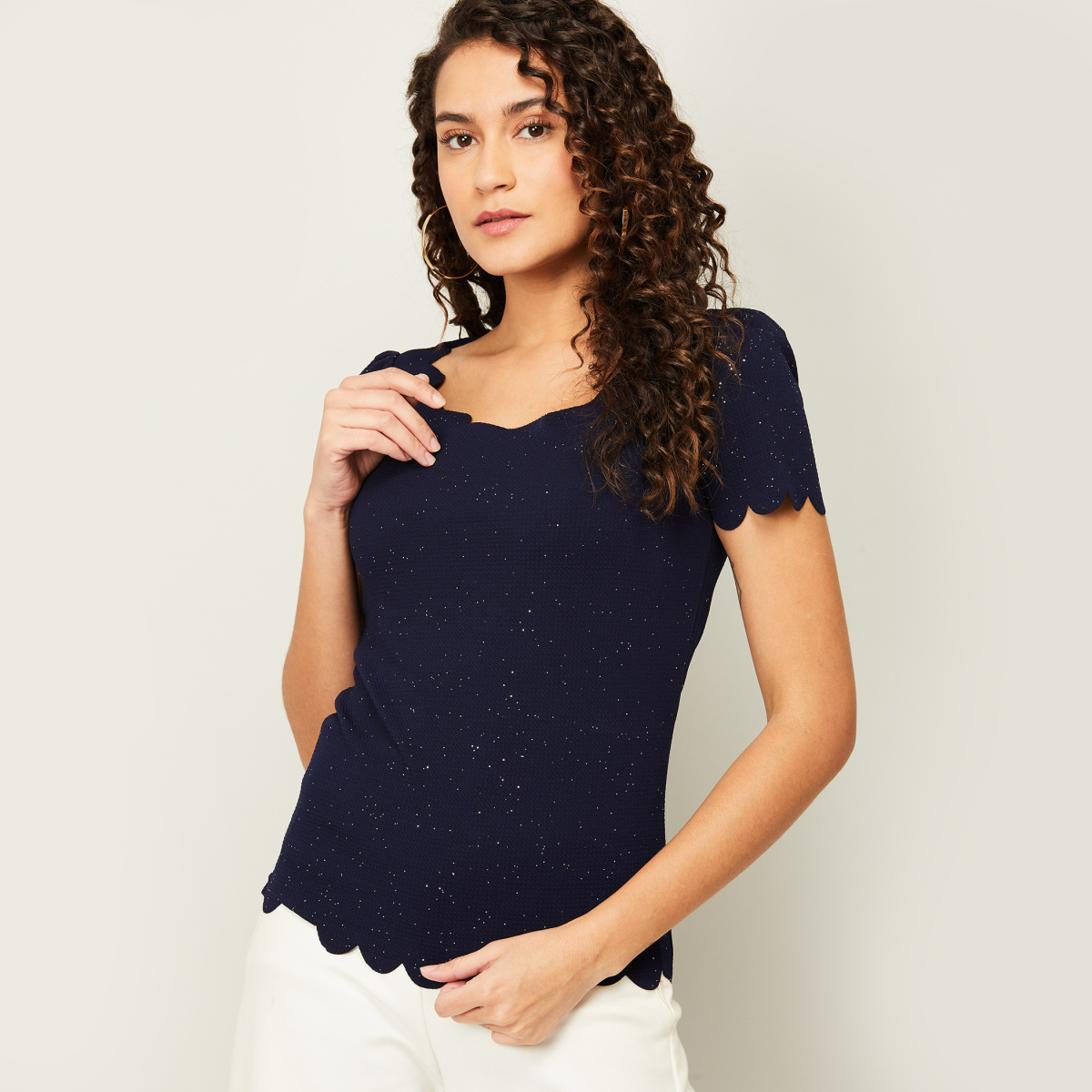 CODE Women Embellished Top with Scallop Design