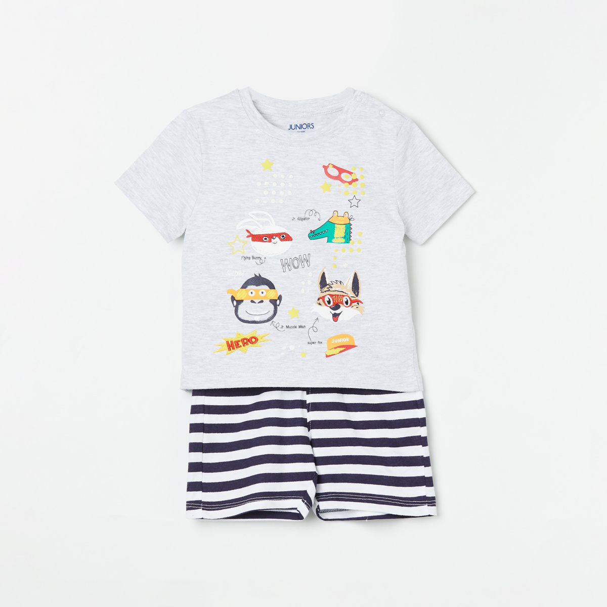 JUNIORS Boys Printed Crew Neck T-shirt with Striped Shorts