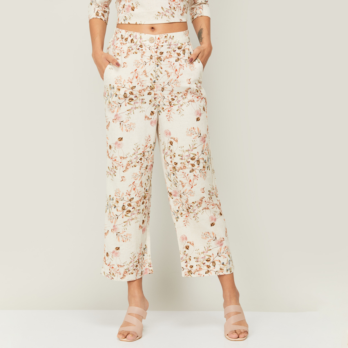 Rain and Rainbow Beige Cotton Printed Trousers