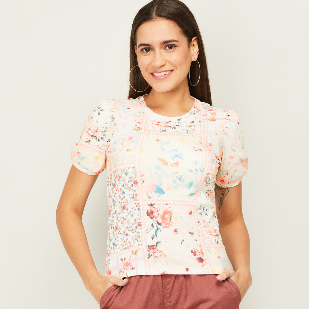 AND Women Printed Puffed Sleeves Top
