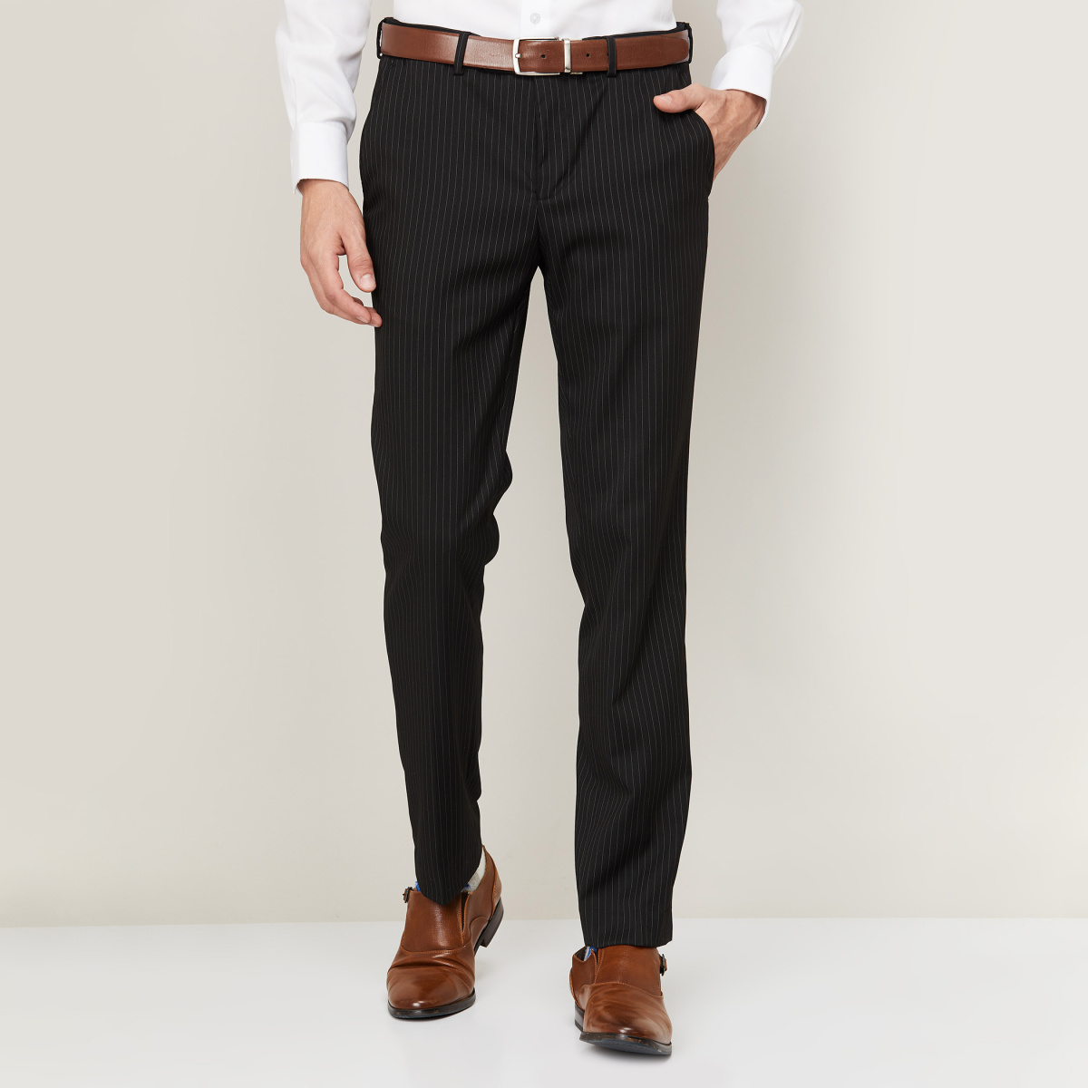 Men's Classic-Fit Dress Pants Cotton Vertical Stripe Formal Pants Slim Fit  Flat Front Business Trousers Pocket (Small,Black) at Amazon Men's Clothing  store
