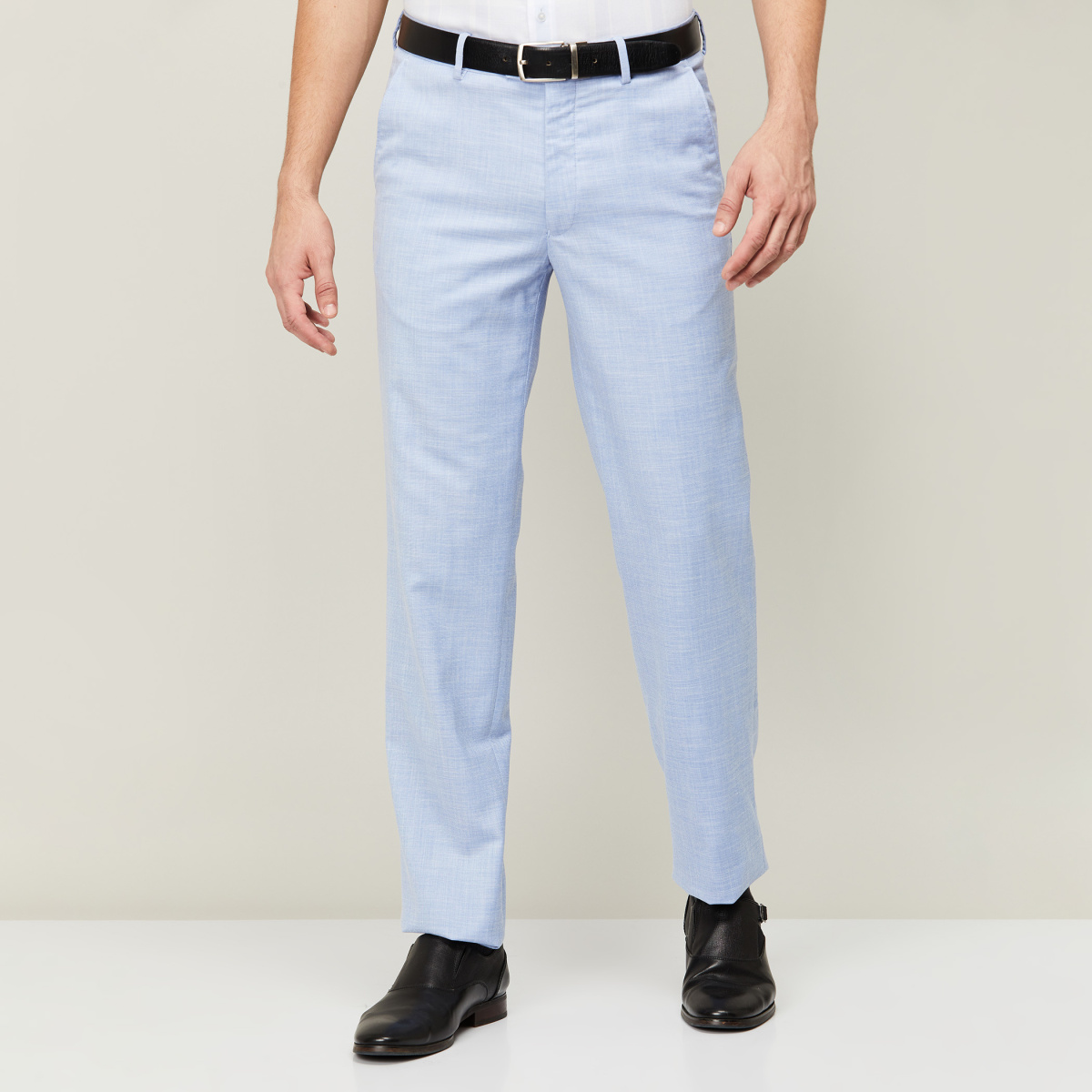 Buy Metal Men's Sky Blue Solid Slim Fit Formal Trouser online
